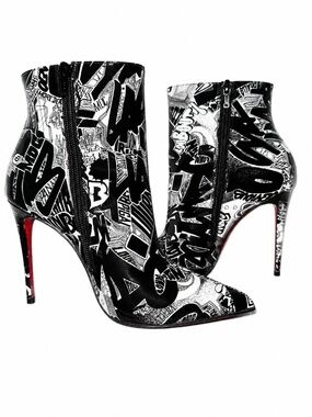 Christian Louboutin Black & White Graphic Print Patent Ankle Boots
